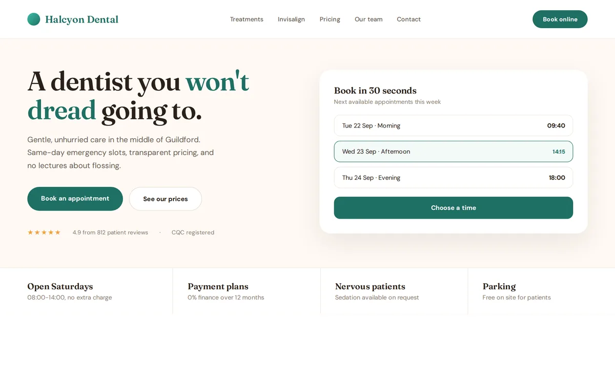 Concept homepage design for Halcyon Dental, soft style